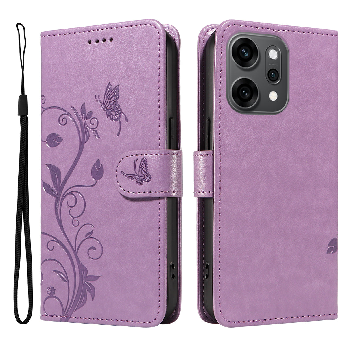 For Oppo Reno14 Pro 5G (China) / Oppo Reno14 Pro 5G (Global) PU Leather Cases Flower Pattern Wallet Stand Phone Cover with Strap - Light Purple