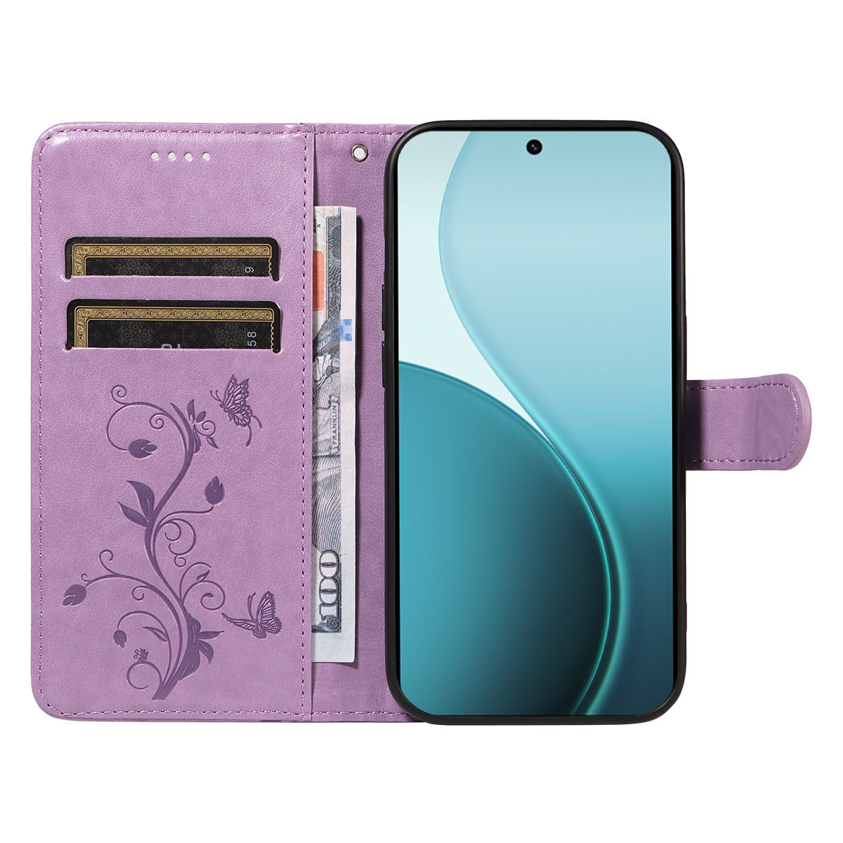 For Oppo Reno14 Pro 5G (China) / Oppo Reno14 Pro 5G (Global) PU Leather Cases Flower Pattern Wallet Stand Phone Cover with Strap - Light Purple
