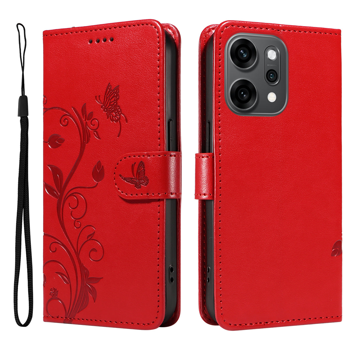 For Oppo Reno14 Pro 5G (China) / Oppo Reno14 Pro 5G (Global) PU Leather Cases Flower Pattern Wallet Stand Phone Cover with Strap - Red