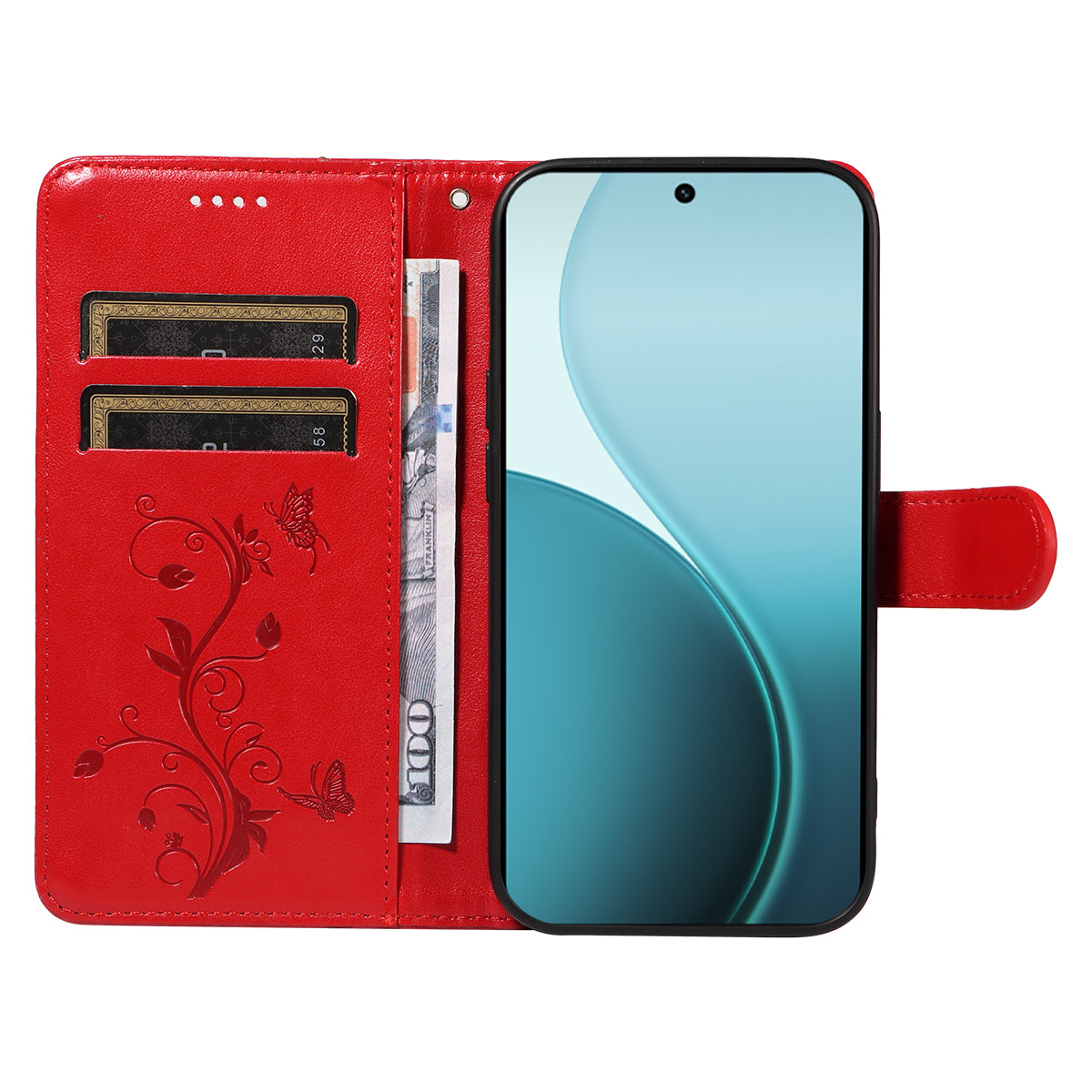 For Oppo Reno14 Pro 5G (China) / Oppo Reno14 Pro 5G (Global) PU Leather Cases Flower Pattern Wallet Stand Phone Cover with Strap - Red