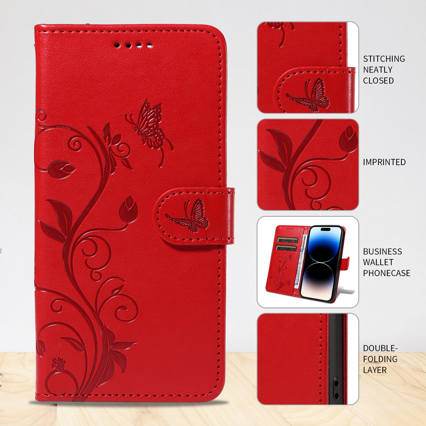 For Oppo Reno14 Pro 5G (China) / Oppo Reno14 Pro 5G (Global) PU Leather Cases Flower Pattern Wallet Stand Phone Cover with Strap - Red
