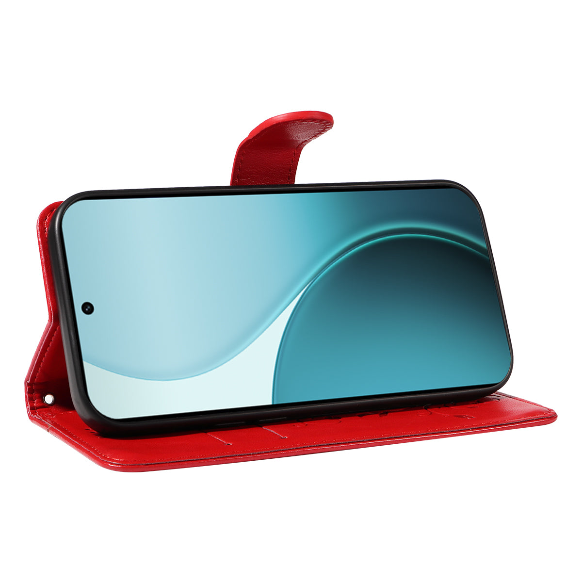 For Oppo Reno14 Pro 5G (China) / Oppo Reno14 Pro 5G (Global) PU Leather Cases Flower Pattern Wallet Stand Phone Cover with Strap - Red