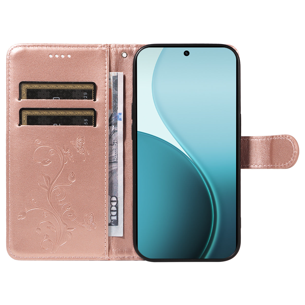For Oppo Reno14 Pro 5G (China) / Oppo Reno14 Pro 5G (Global) PU Leather Cases Flower Pattern Wallet Stand Phone Cover with Strap - Rose Gold