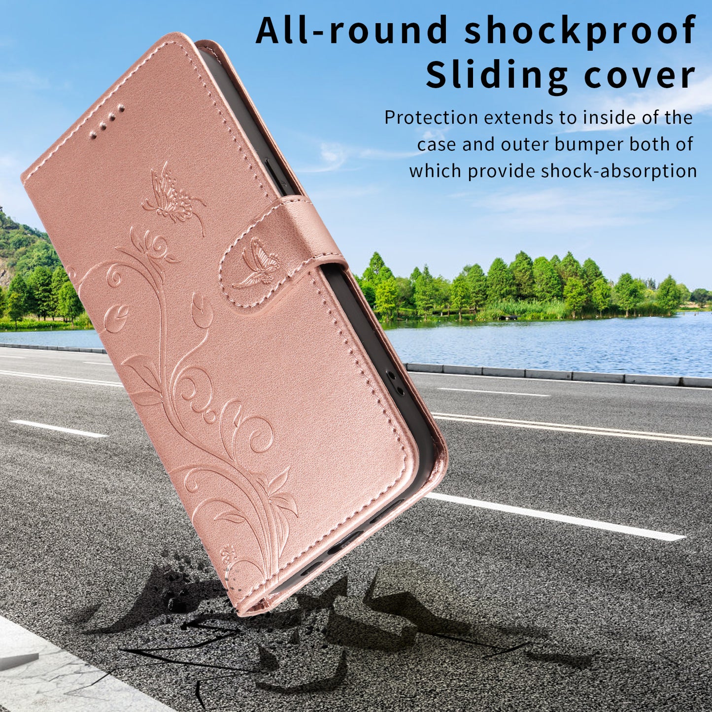 For Oppo Reno14 Pro 5G (China) / Oppo Reno14 Pro 5G (Global) PU Leather Cases Flower Pattern Wallet Stand Phone Cover with Strap - Rose Gold
