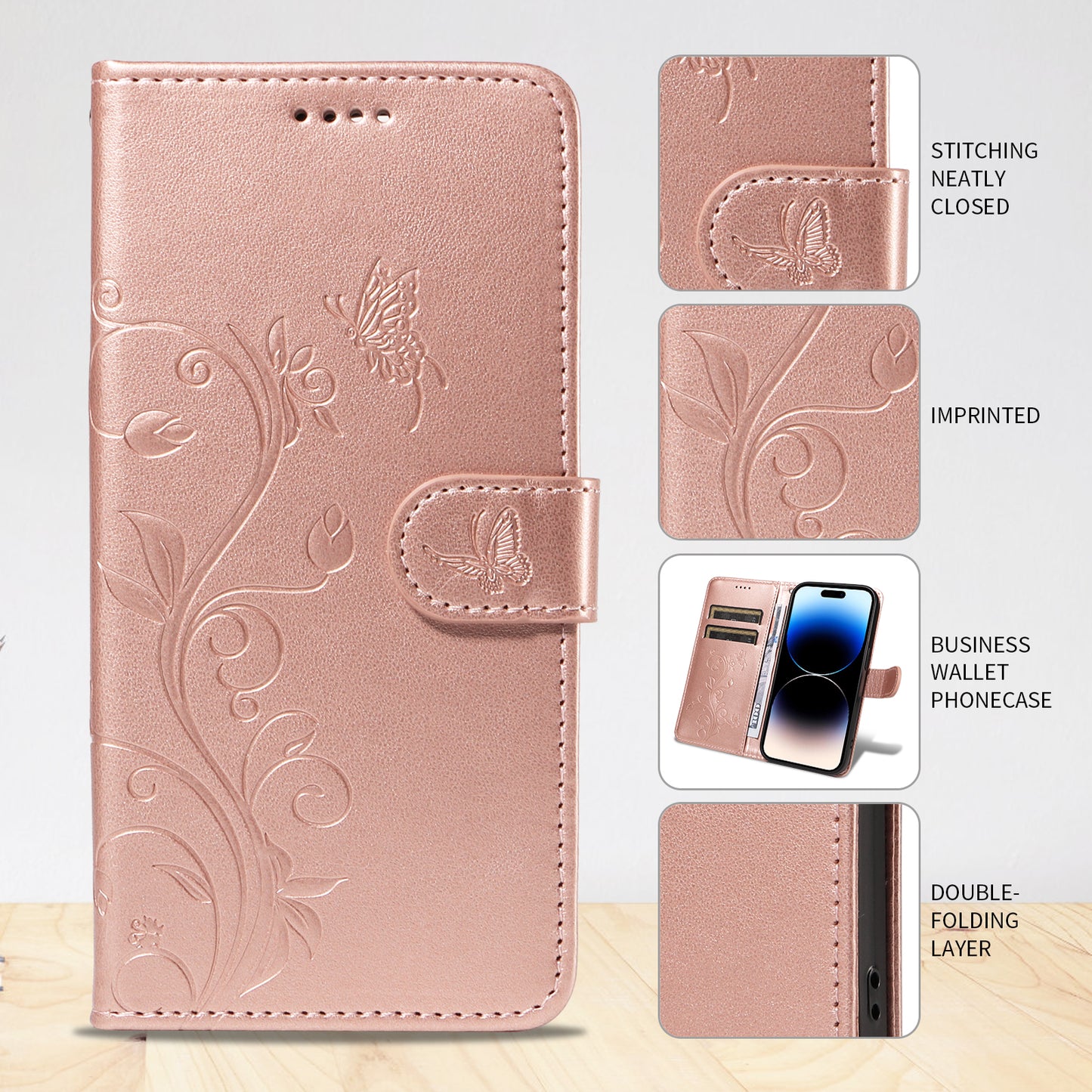 For Oppo Reno14 Pro 5G (China) / Oppo Reno14 Pro 5G (Global) PU Leather Cases Flower Pattern Wallet Stand Phone Cover with Strap - Rose Gold