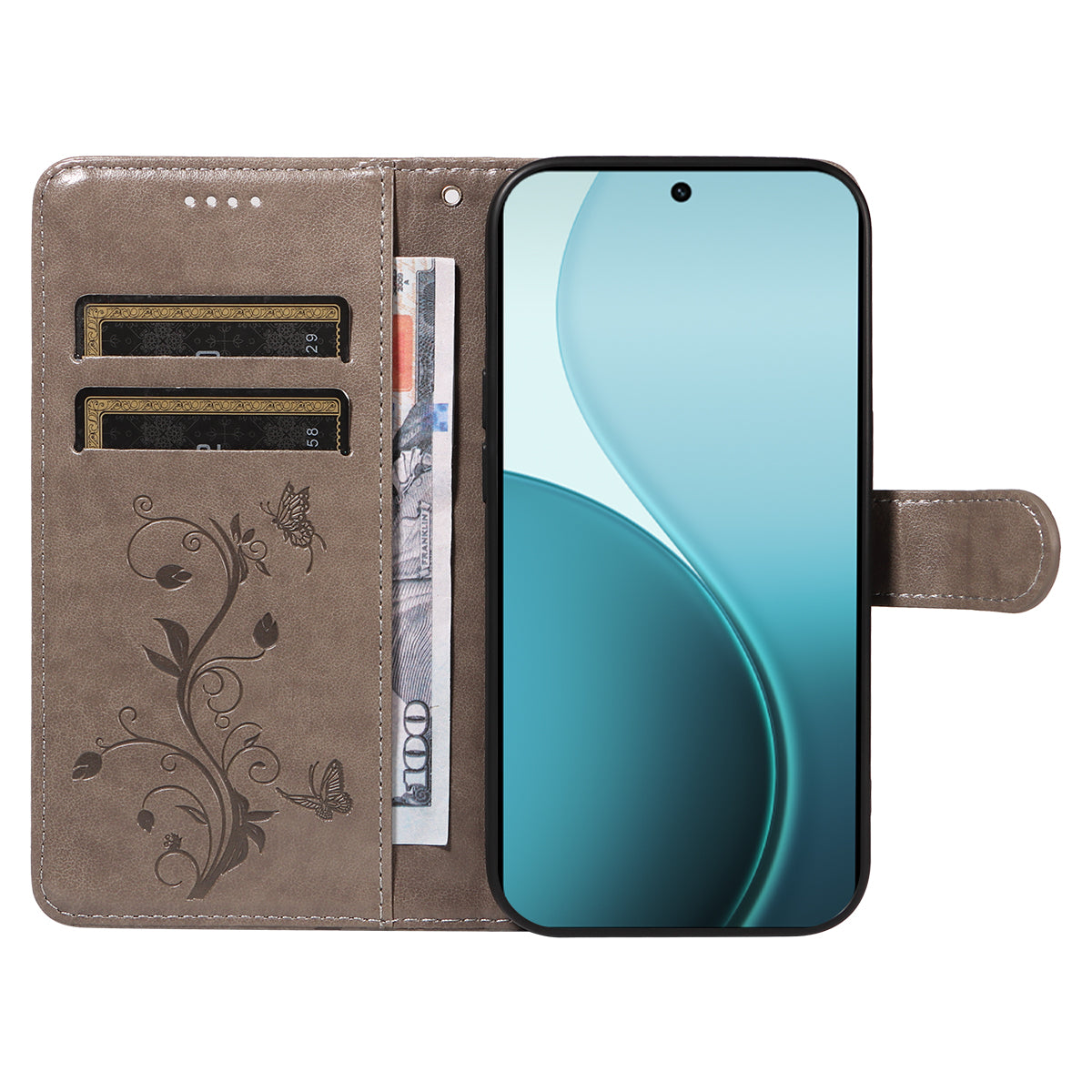 For Oppo Reno14 Pro 5G (China) / Oppo Reno14 Pro 5G (Global) PU Leather Cases Flower Pattern Wallet Stand Phone Cover with Strap - Grey