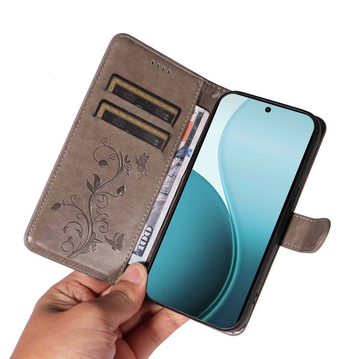 For Oppo Reno14 Pro 5G (China) / Oppo Reno14 Pro 5G (Global) PU Leather Cases Flower Pattern Wallet Stand Phone Cover with Strap - Grey