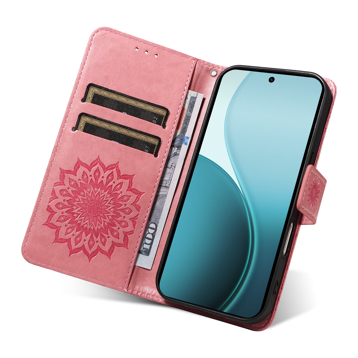 For Oppo Reno14 Pro 5G (China) / Oppo Reno14 Pro 5G (Global) Leather Wallet Case Sunflower Imprinted Phone Cover - Pink
