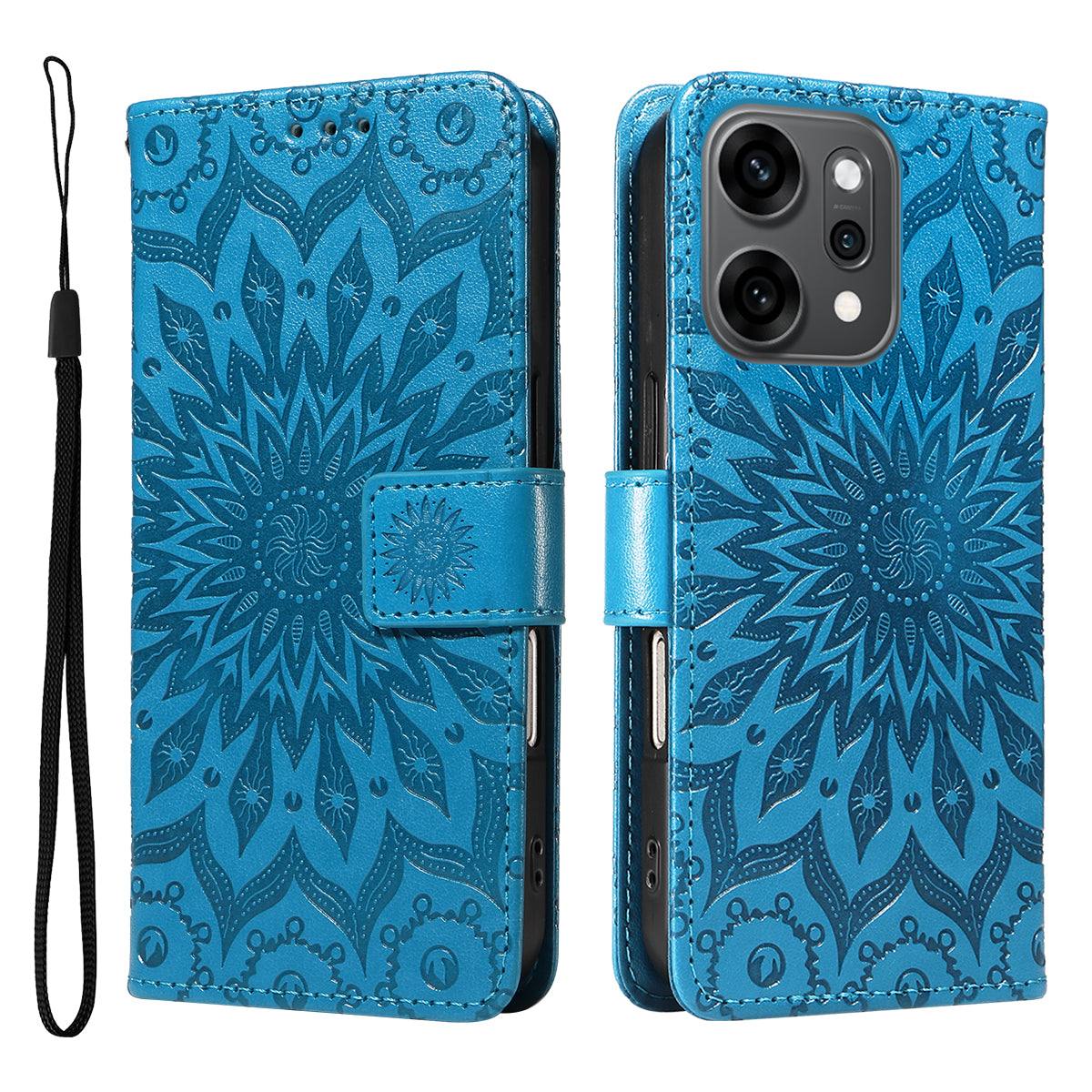 For Oppo Reno14 Pro 5G (China) / Oppo Reno14 Pro 5G (Global) Leather Wallet Case Sunflower Imprinted Phone Cover - Blue
