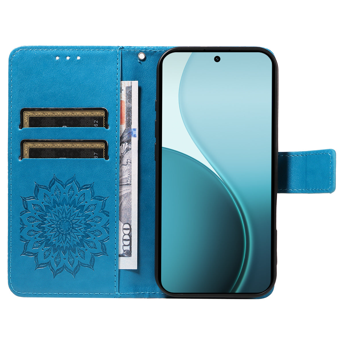 For Oppo Reno14 Pro 5G (China) / Oppo Reno14 Pro 5G (Global) Leather Wallet Case Sunflower Imprinted Phone Cover - Blue