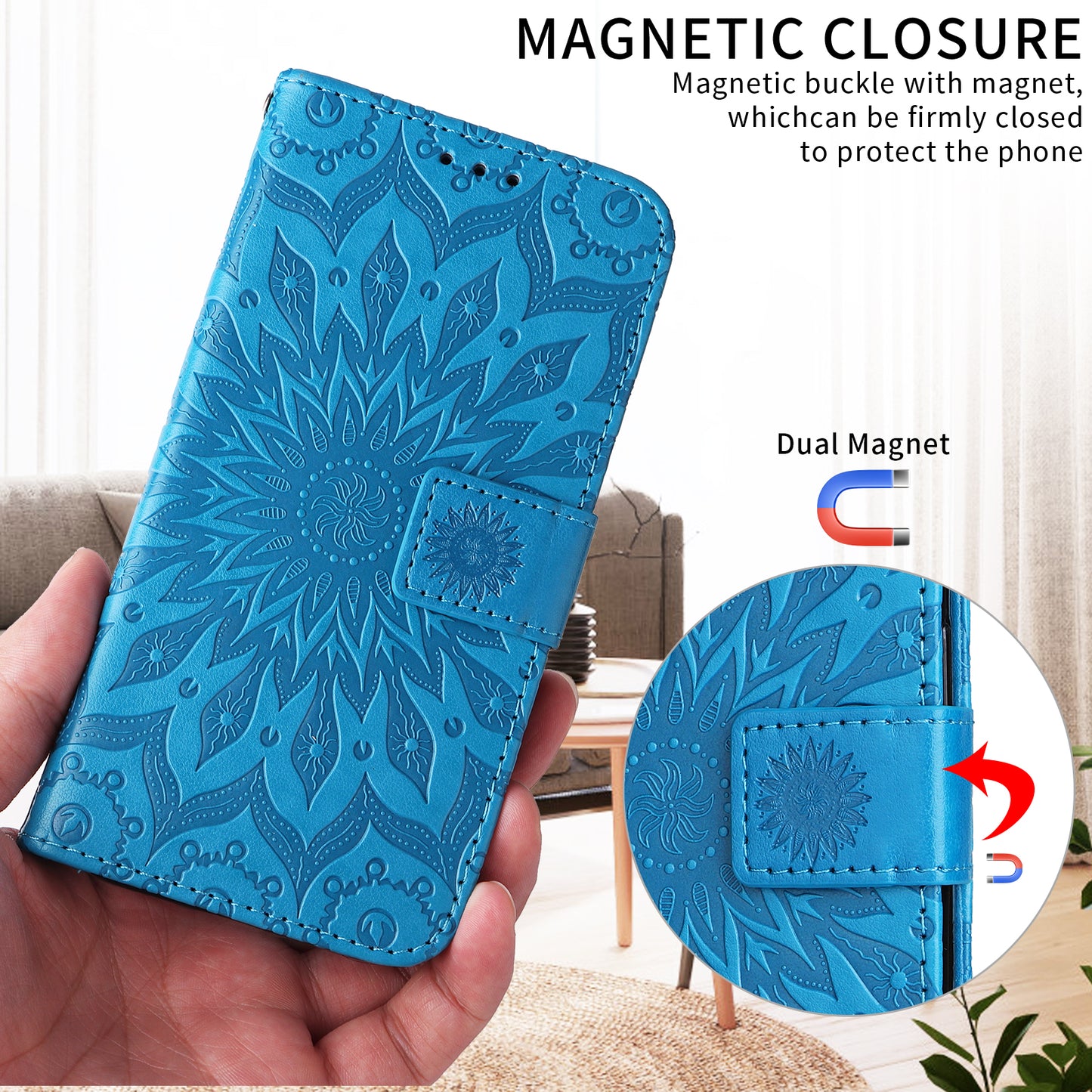 For Oppo Reno14 Pro 5G (China) / Oppo Reno14 Pro 5G (Global) Leather Wallet Case Sunflower Imprinted Phone Cover - Blue