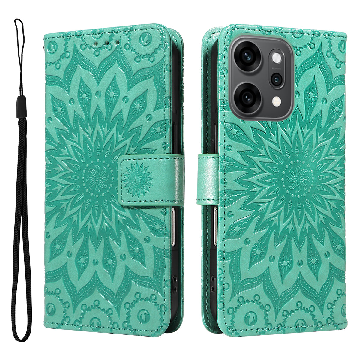 For Oppo Reno14 Pro 5G (China) / Oppo Reno14 Pro 5G (Global) Leather Wallet Case Sunflower Imprinted Phone Cover - Green