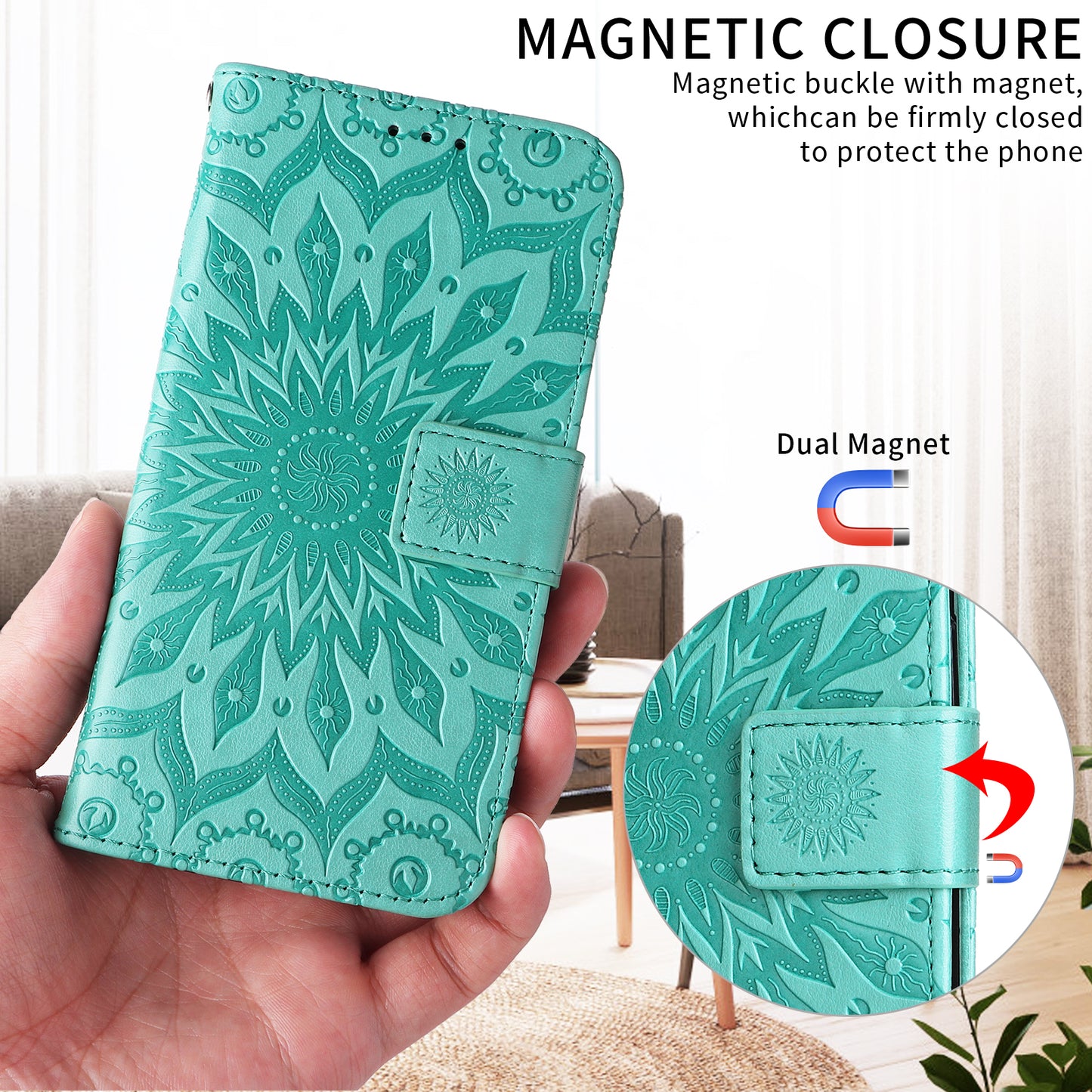 For Oppo Reno14 Pro 5G (China) / Oppo Reno14 Pro 5G (Global) Leather Wallet Case Sunflower Imprinted Phone Cover - Green