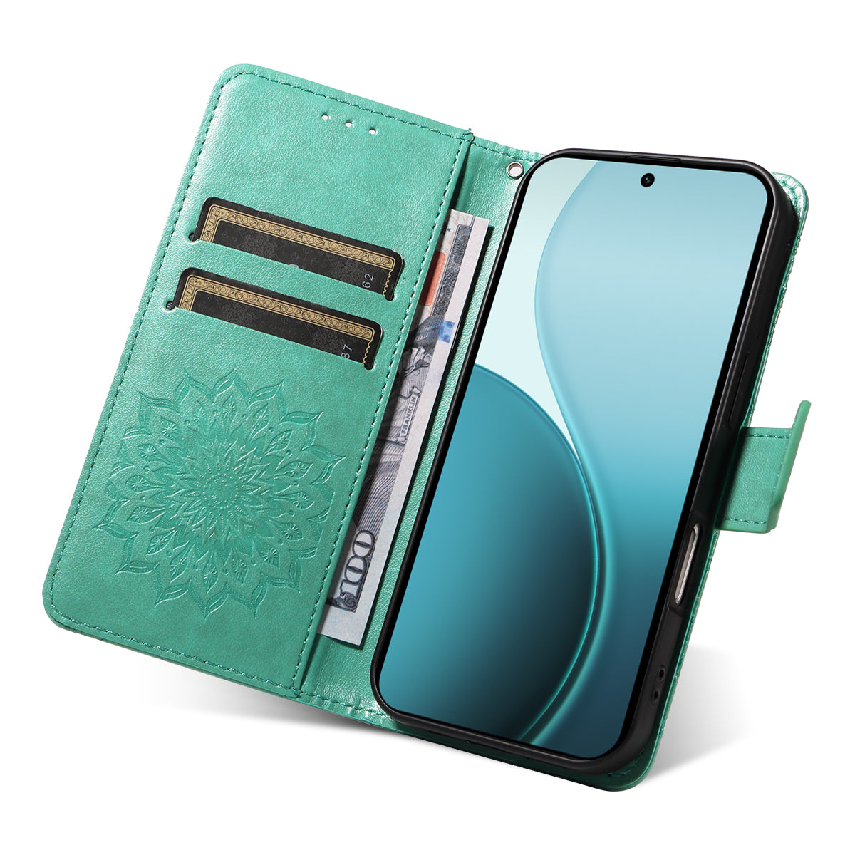For Oppo Reno14 Pro 5G (China) / Oppo Reno14 Pro 5G (Global) Leather Wallet Case Sunflower Imprinted Phone Cover - Green
