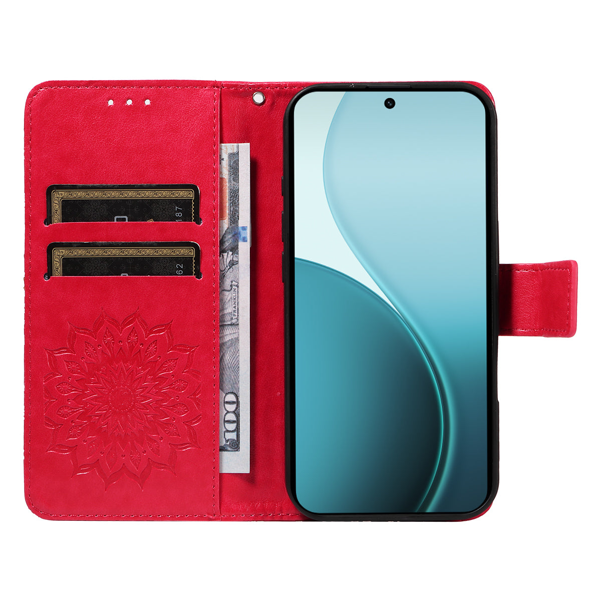 For Oppo Reno14 Pro 5G (China) / Oppo Reno14 Pro 5G (Global) Leather Wallet Case Sunflower Imprinted Phone Cover - Red