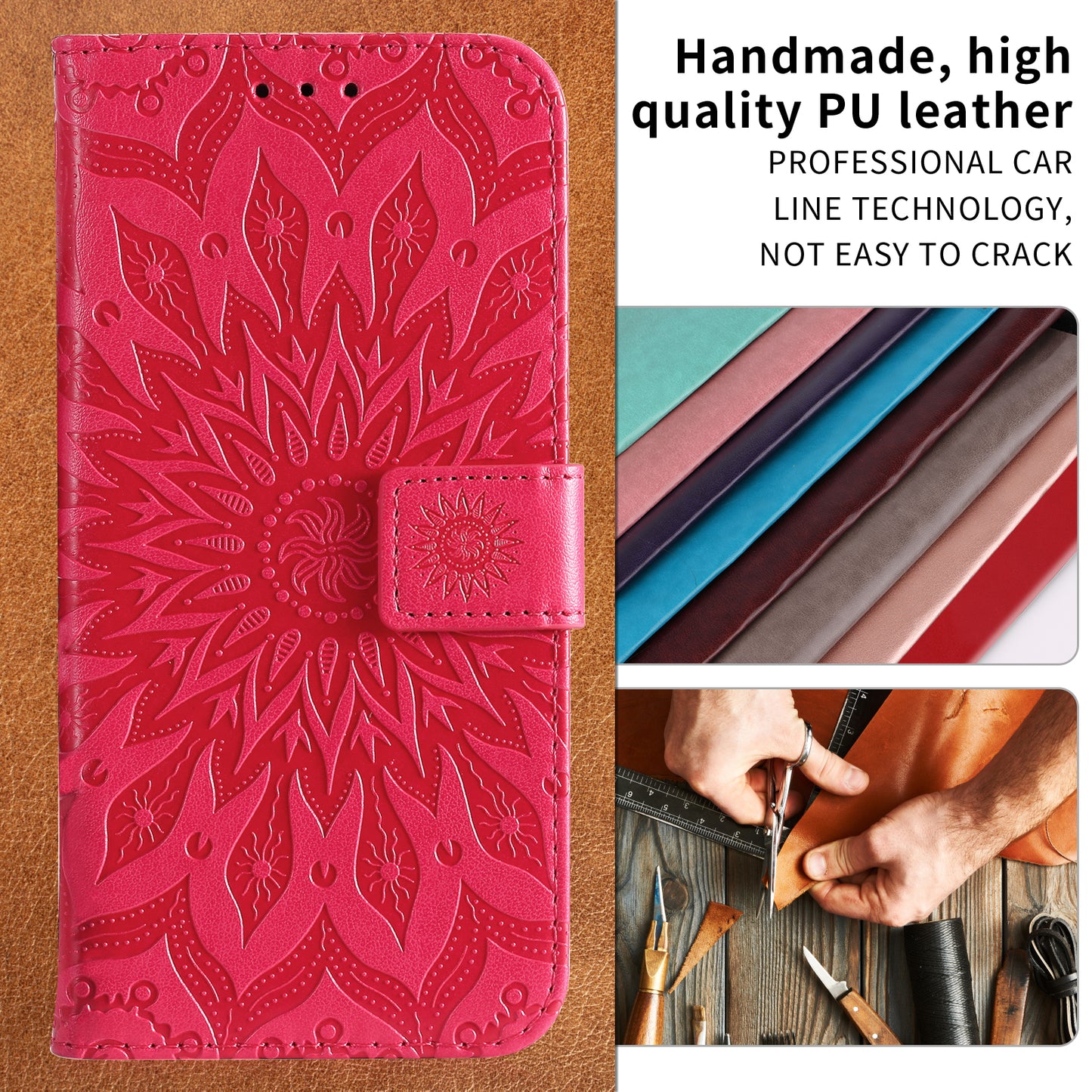 For Oppo Reno14 Pro 5G (China) / Oppo Reno14 Pro 5G (Global) Leather Wallet Case Sunflower Imprinted Phone Cover - Red