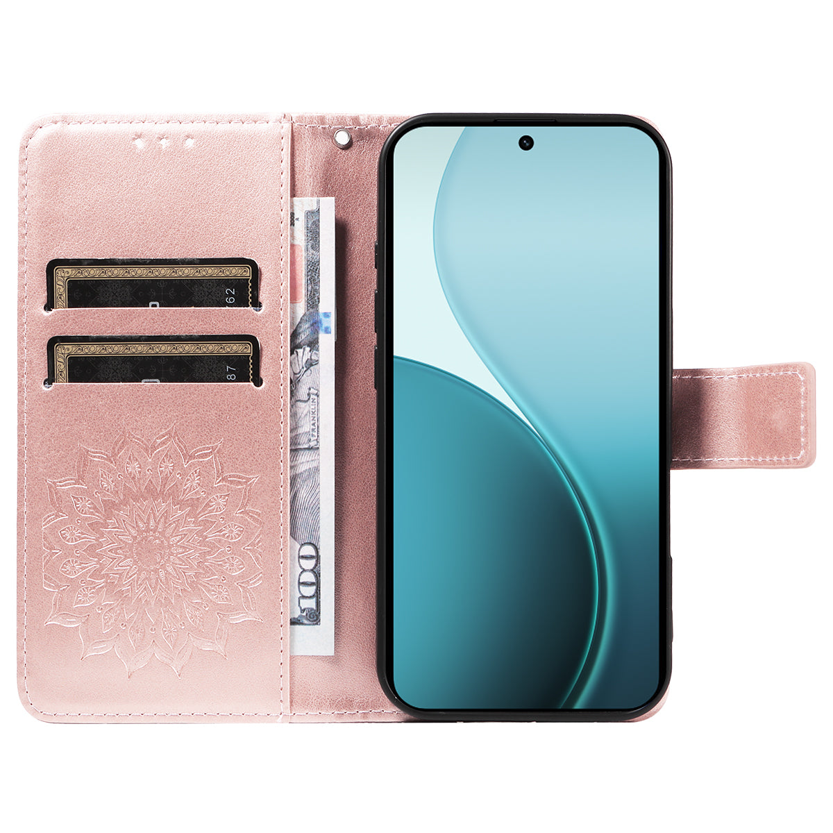 For Oppo Reno14 Pro 5G (China) / Oppo Reno14 Pro 5G (Global) Leather Wallet Case Sunflower Imprinted Phone Cover - Rose Gold