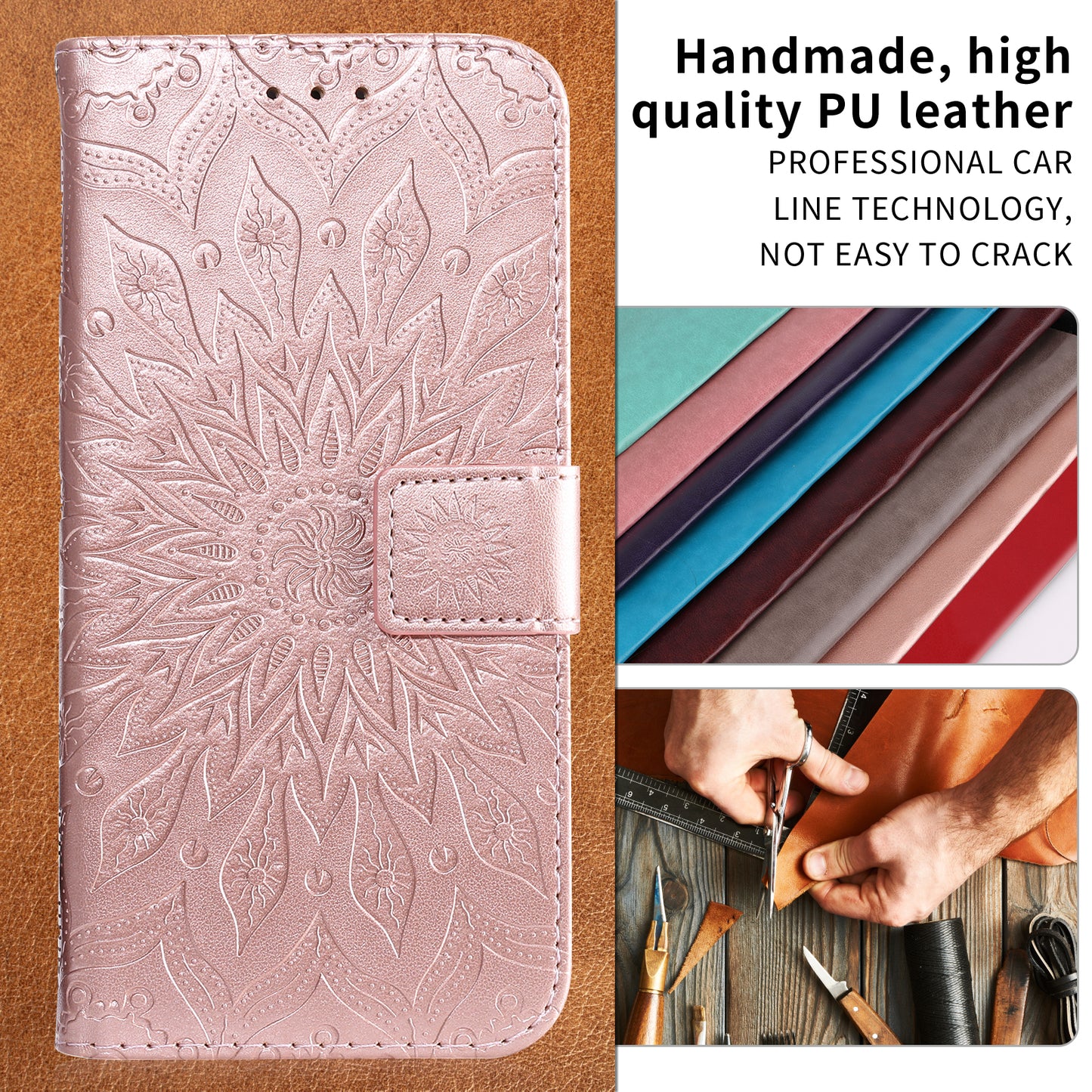 For Oppo Reno14 Pro 5G (China) / Oppo Reno14 Pro 5G (Global) Leather Wallet Case Sunflower Imprinted Phone Cover - Rose Gold