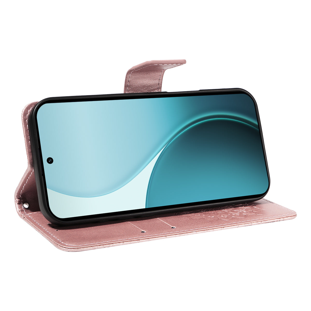 For Oppo Reno14 Pro 5G (China) / Oppo Reno14 Pro 5G (Global) Leather Wallet Case Sunflower Imprinted Phone Cover - Rose Gold