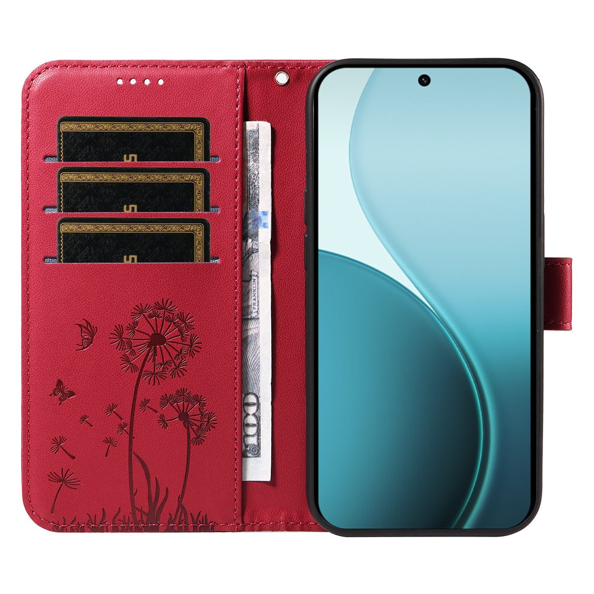 For Oppo Reno14 Pro 5G (China) / Oppo Reno14 Pro 5G (Global) Leather Wallet Case with Strap Dandelion Imprint Phone Stand Cover - Red