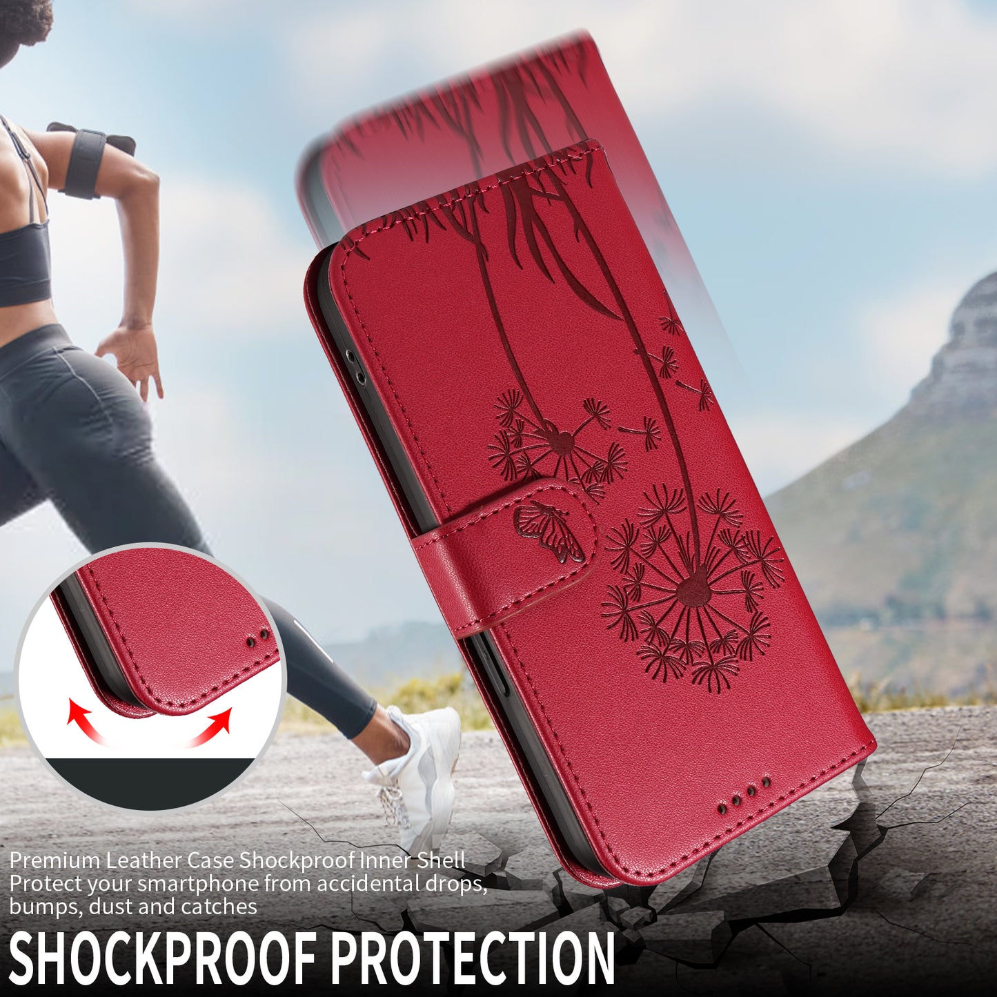 For Oppo Reno14 Pro 5G (China) / Oppo Reno14 Pro 5G (Global) Leather Wallet Case with Strap Dandelion Imprint Phone Stand Cover - Red