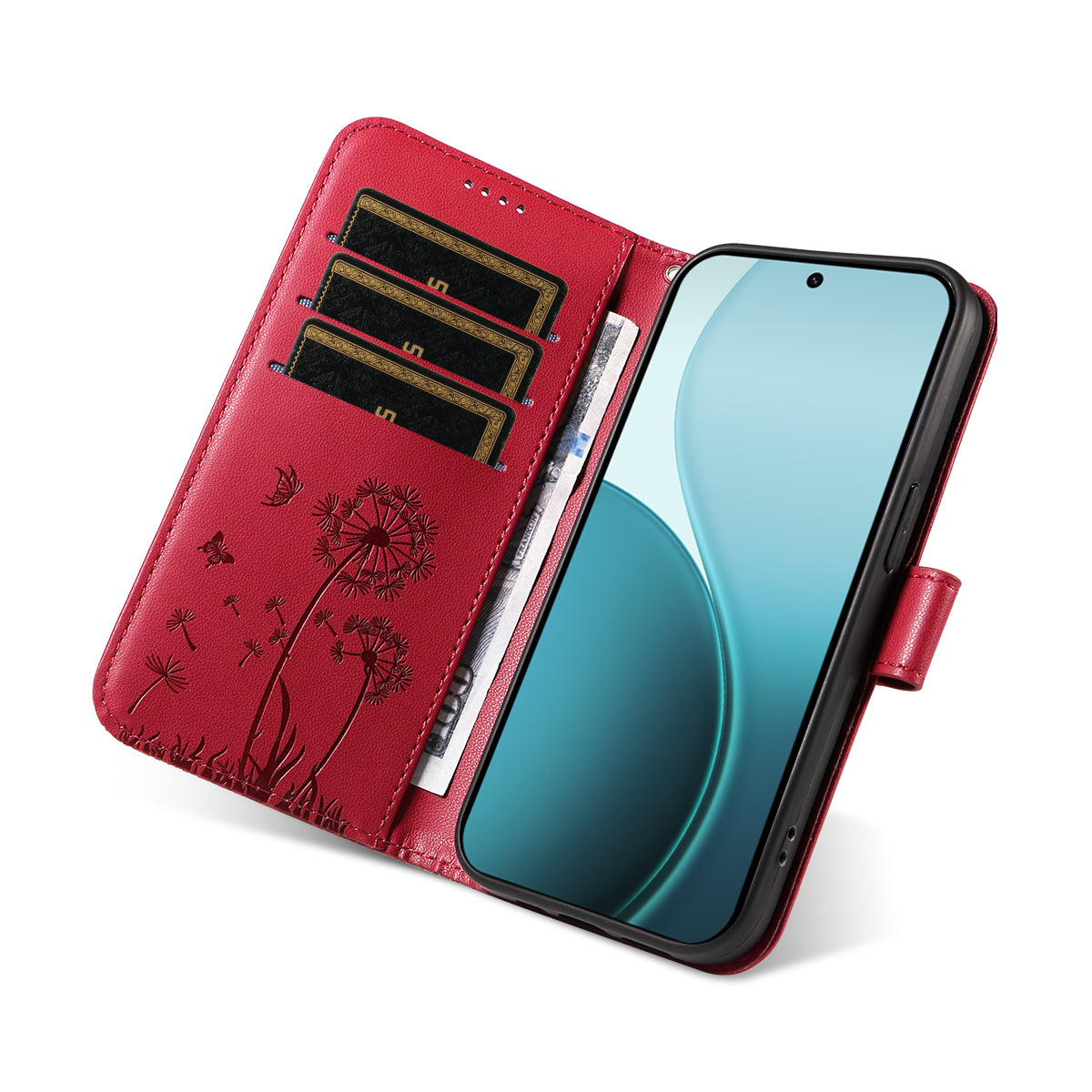 For Oppo Reno14 Pro 5G (China) / Oppo Reno14 Pro 5G (Global) Leather Wallet Case with Strap Dandelion Imprint Phone Stand Cover - Red