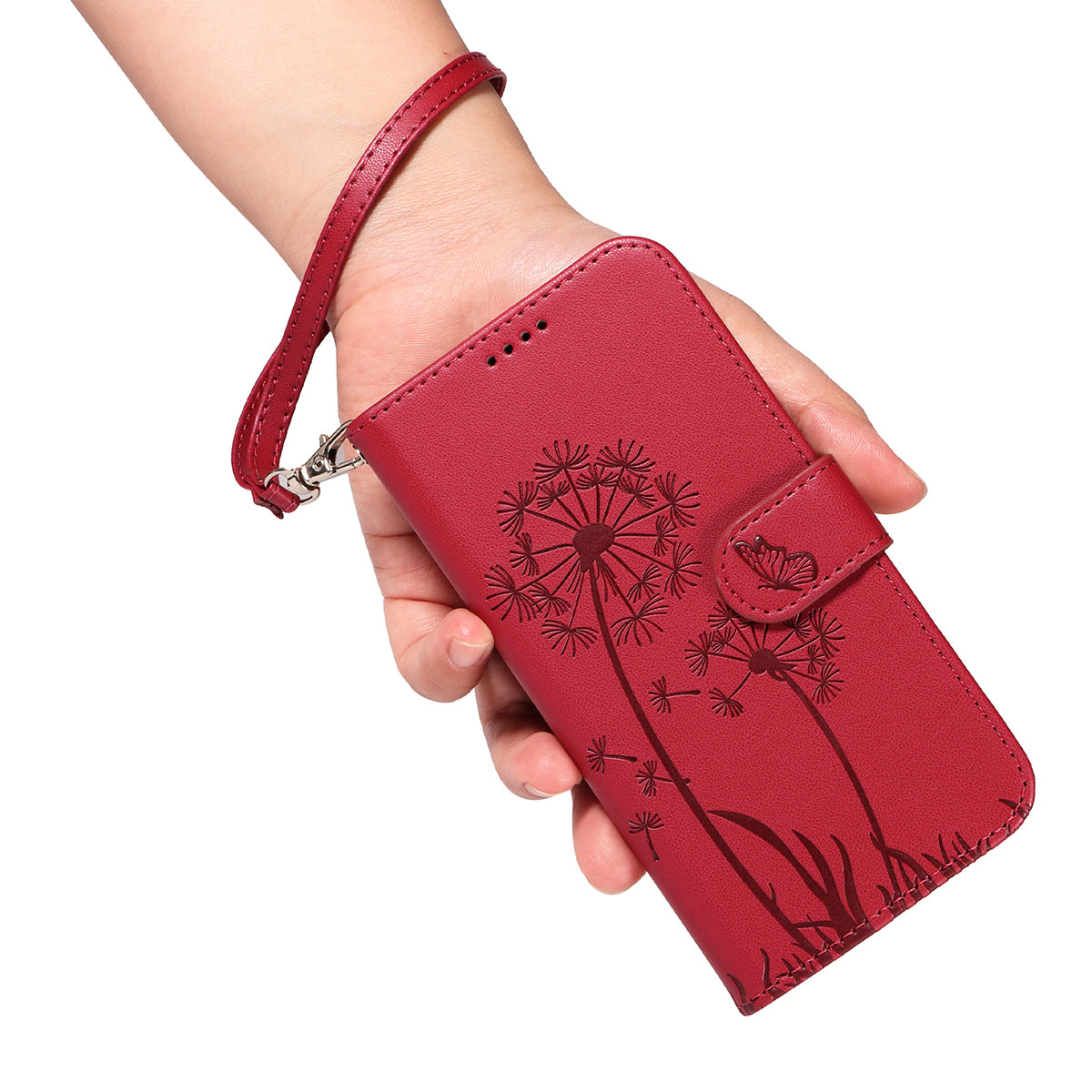 For Oppo Reno14 Pro 5G (China) / Oppo Reno14 Pro 5G (Global) Leather Wallet Case with Strap Dandelion Imprint Phone Stand Cover - Red