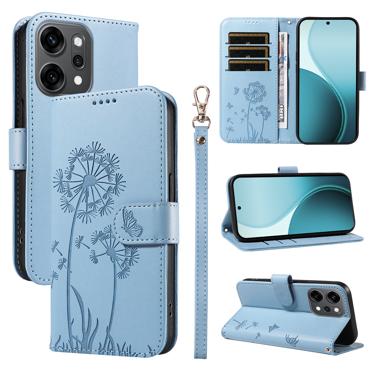 For Oppo Reno14 Pro 5G (China) / Oppo Reno14 Pro 5G (Global) Leather Wallet Case with Strap Dandelion Imprint Phone Stand Cover - Sky Blue