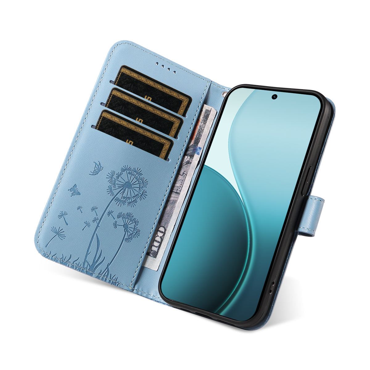 For Oppo Reno14 Pro 5G (China) / Oppo Reno14 Pro 5G (Global) Leather Wallet Case with Strap Dandelion Imprint Phone Stand Cover - Sky Blue