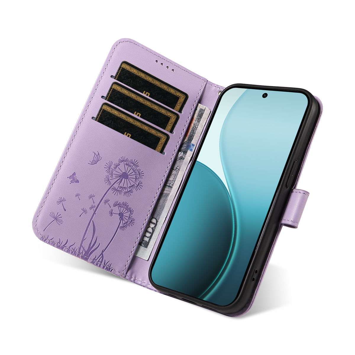 For Oppo Reno14 Pro 5G (China) / Oppo Reno14 Pro 5G (Global) Leather Wallet Case with Strap Dandelion Imprint Phone Stand Cover - Purple