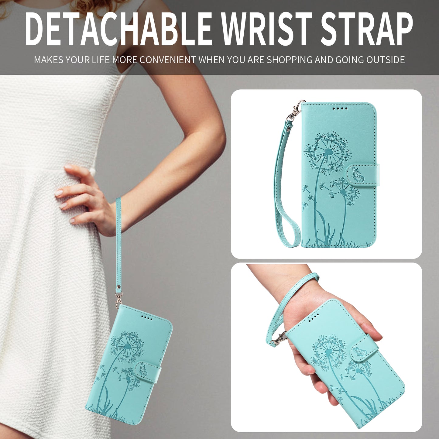 For Oppo Reno14 Pro 5G (China) / Oppo Reno14 Pro 5G (Global) Leather Wallet Case with Strap Dandelion Imprint Phone Stand Cover - Green