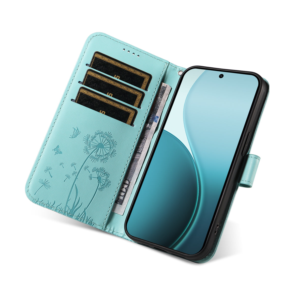 For Oppo Reno14 Pro 5G (China) / Oppo Reno14 Pro 5G (Global) Leather Wallet Case with Strap Dandelion Imprint Phone Stand Cover - Green