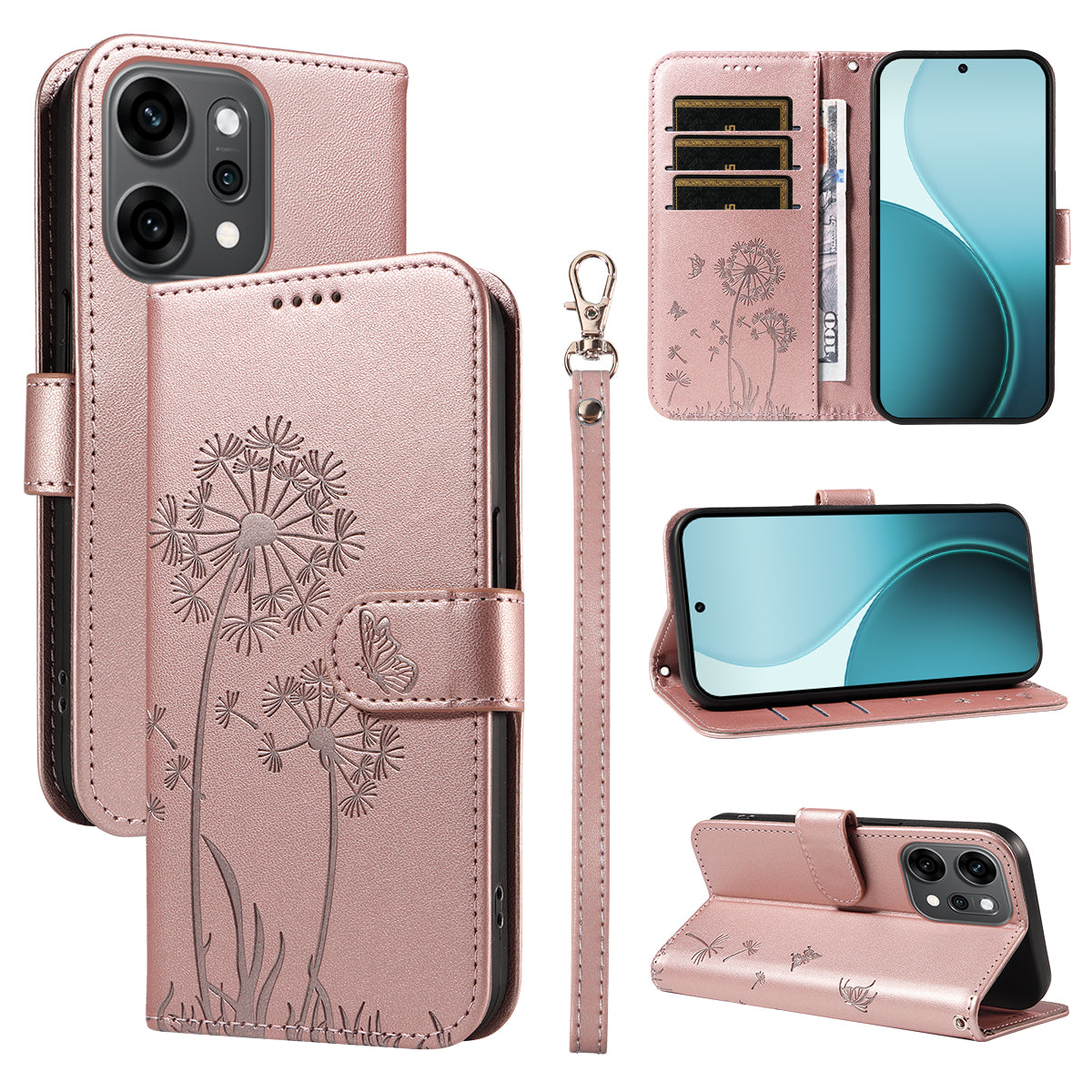 For Oppo Reno14 Pro 5G (China) / Oppo Reno14 Pro 5G (Global) Leather Wallet Case with Strap Dandelion Imprint Phone Stand Cover - Rose Gold