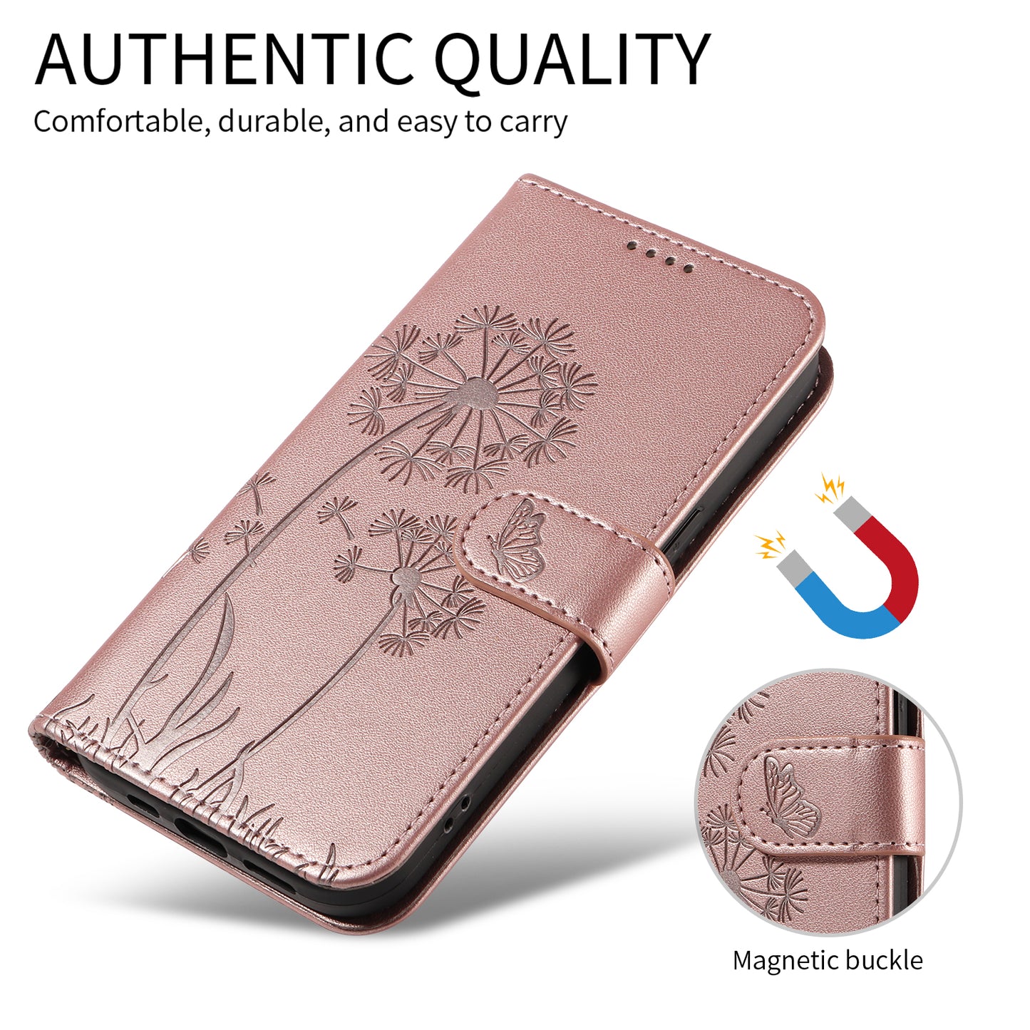 For Oppo Reno14 Pro 5G (China) / Oppo Reno14 Pro 5G (Global) Leather Wallet Case with Strap Dandelion Imprint Phone Stand Cover - Rose Gold