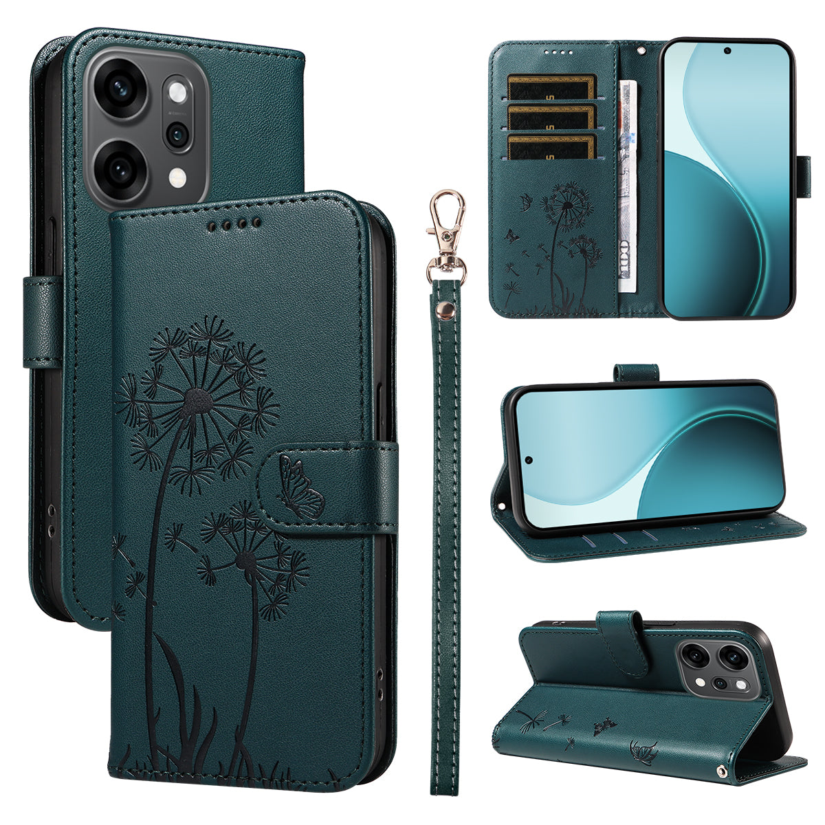 For Oppo Reno14 Pro 5G (China) / Oppo Reno14 Pro 5G (Global) Leather Wallet Case with Strap Dandelion Imprint Phone Stand Cover - Blue