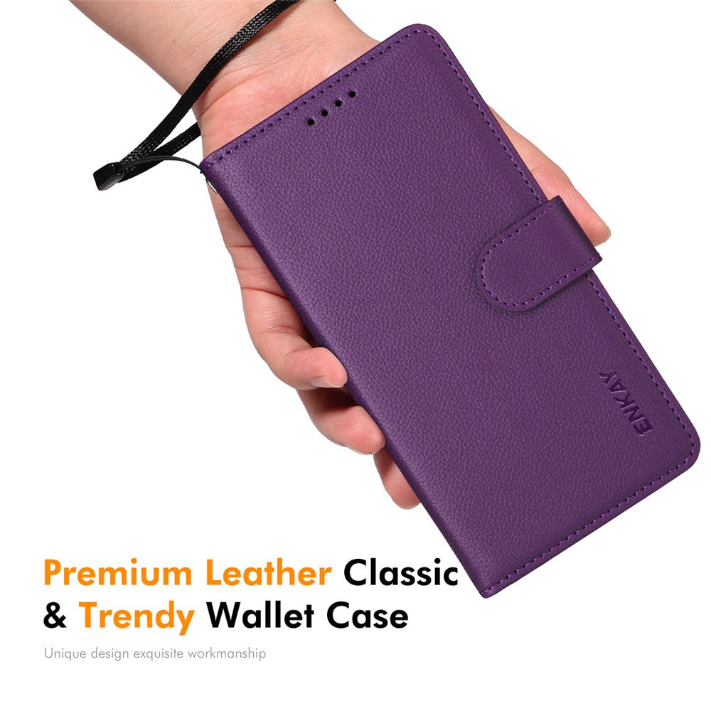 ENKAY HAT PRINCE For iPhone 17 Pro Max Wallet Case with Strap RFID Blocking Leather Stand Phone Cover - Purple