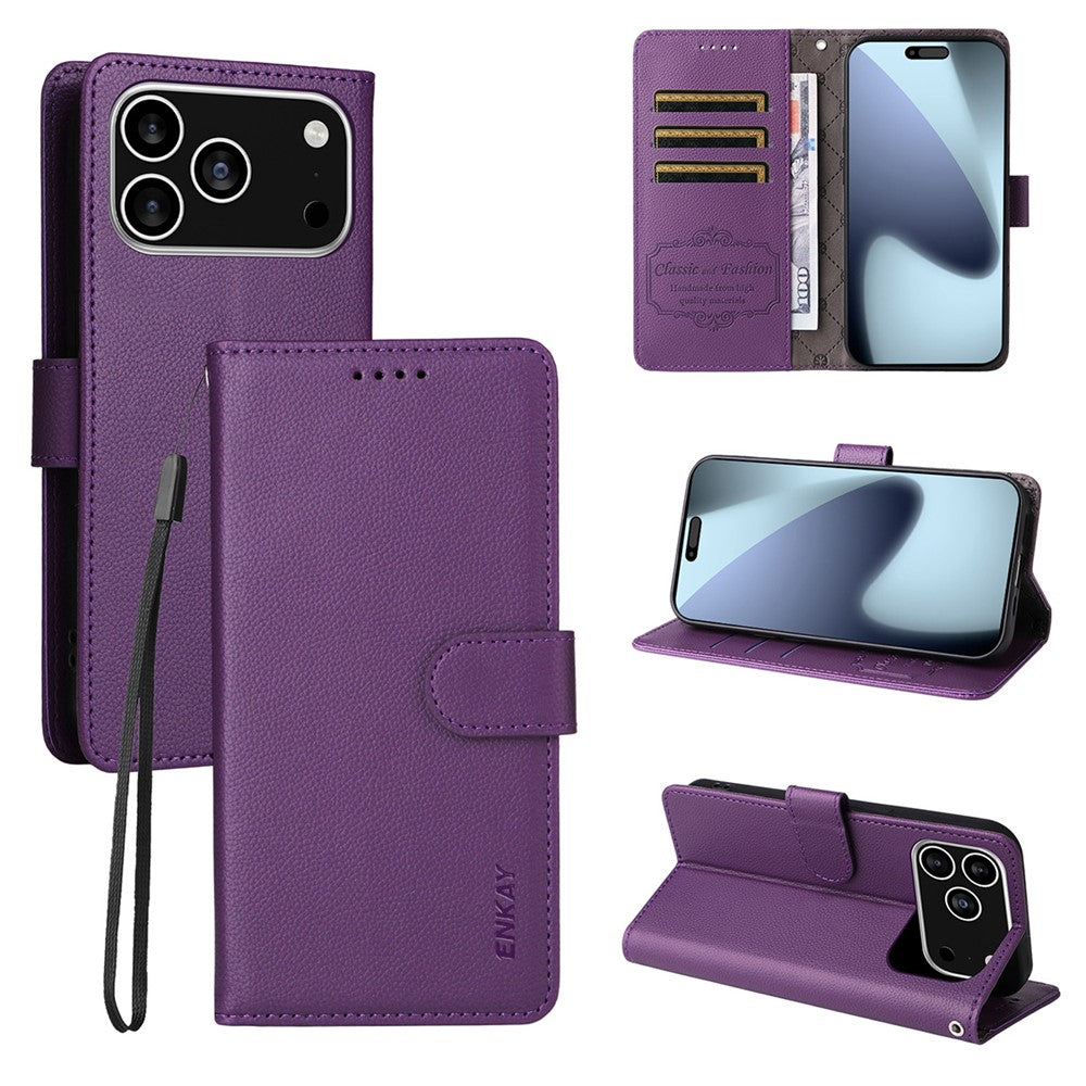 ENKAY HAT PRINCE For iPhone 17 Pro Max Wallet Case with Strap RFID Blocking Leather Stand Phone Cover - Purple