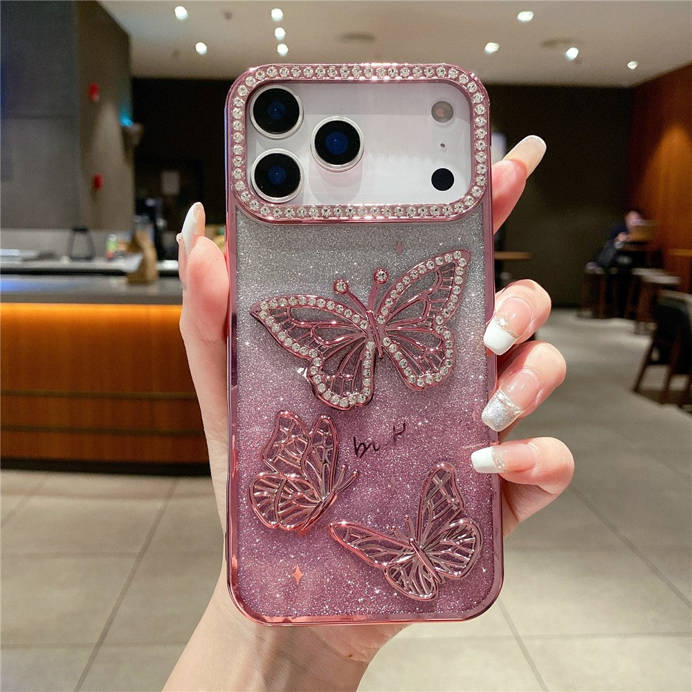 For iPhone 17 Pro Max Case Rhinestone Butterfly Decor TPU Phone Back Cover - Pink
