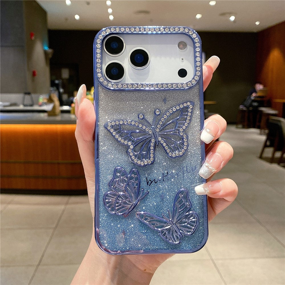 For iPhone 17 Pro Max Case Rhinestone Butterfly Decor TPU Phone Back Cover - Blue