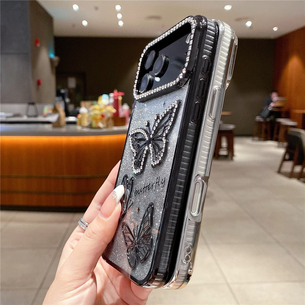 For iPhone 17 Pro Max Case Rhinestone Butterfly Decor TPU Phone Back Cover - Blue