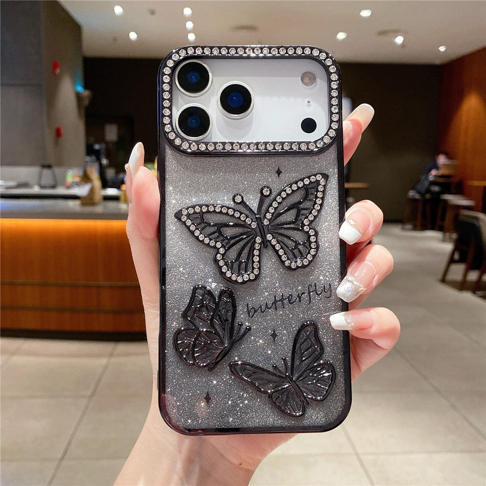 For iPhone 17 Pro Max Case Rhinestone Butterfly Decor TPU Phone Back Cover - Black