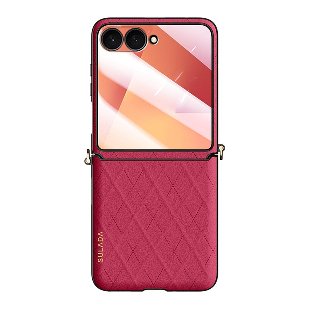 SULADA For Samsung Galaxy Z Flip7 5G Case Rhombus Leather+PC Phone Cover with Shoulder Strap - Red