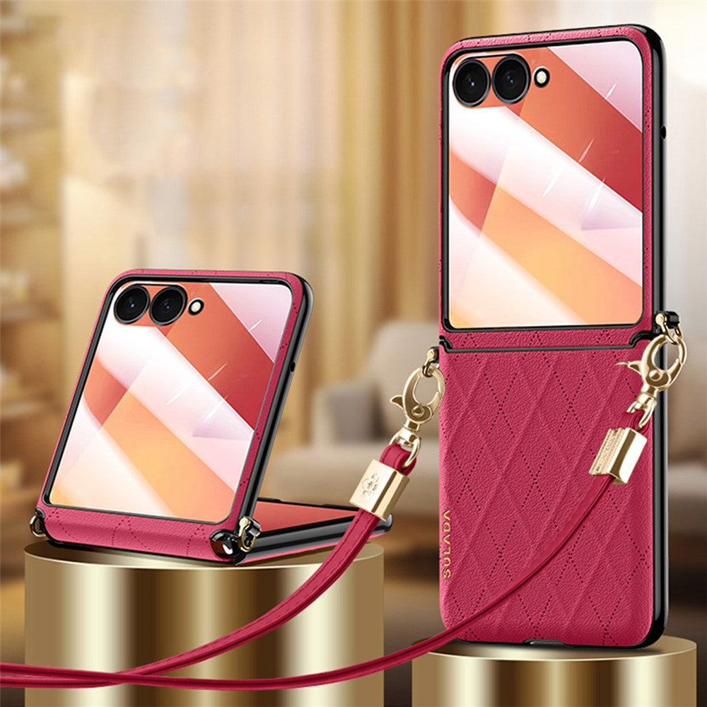 SULADA For Samsung Galaxy Z Flip7 5G Case Rhombus Leather+PC Phone Cover with Shoulder Strap - Red