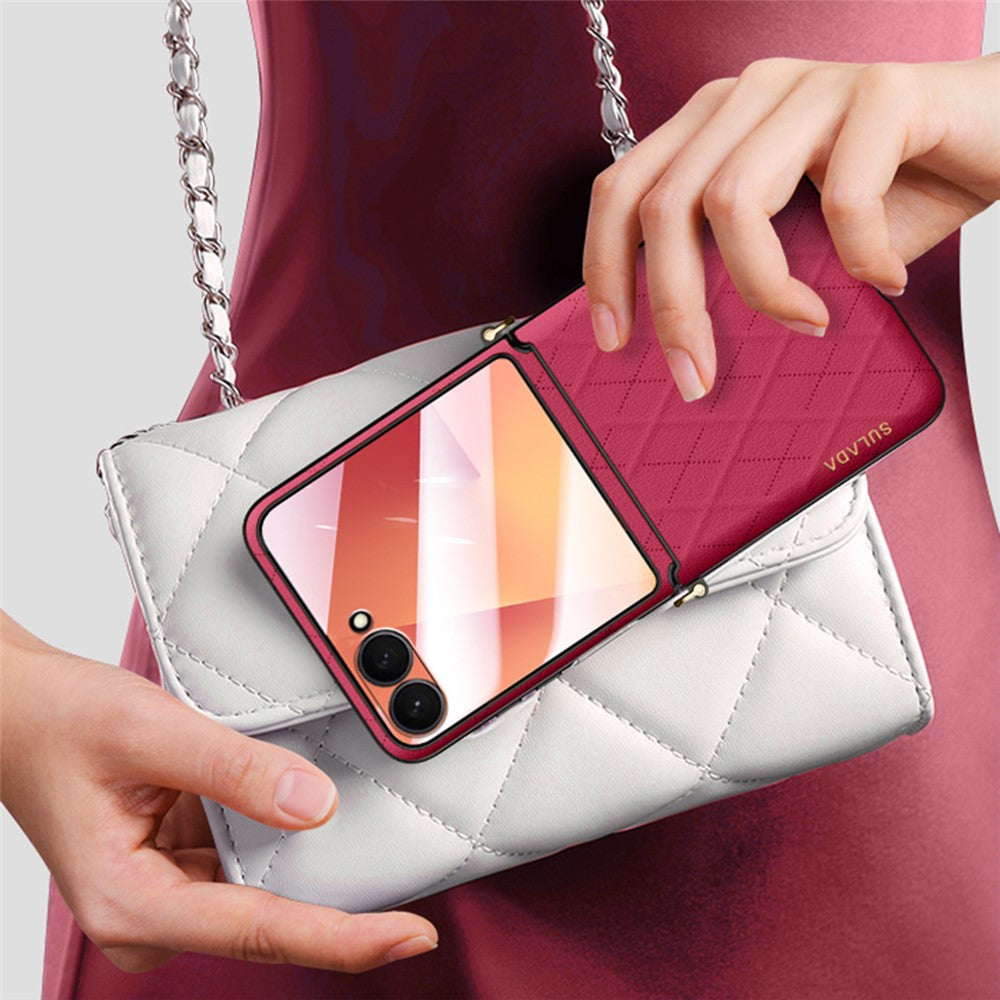 SULADA For Samsung Galaxy Z Flip7 5G Case Rhombus Leather+PC Phone Cover with Shoulder Strap - Red