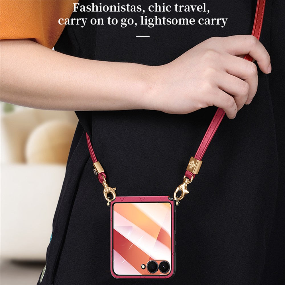 SULADA For Samsung Galaxy Z Flip7 5G Case Rhombus Leather+PC Phone Cover with Shoulder Strap - Red