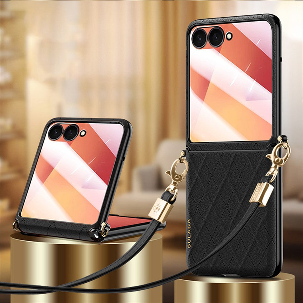 SULADA For Samsung Galaxy Z Flip7 5G Case Rhombus Leather+PC Phone Cover with Shoulder Strap - Black