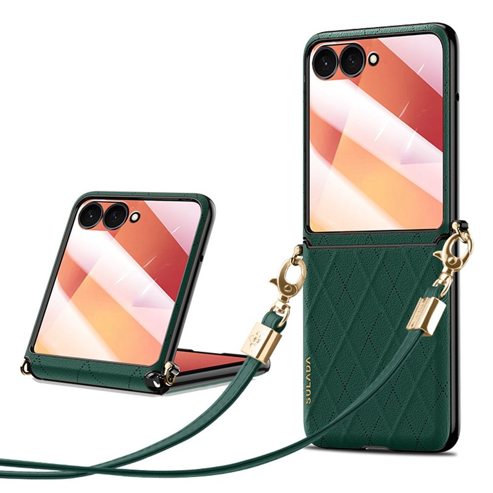 SULADA For Samsung Galaxy Z Flip7 5G Case Rhombus Leather+PC Phone Cover with Shoulder Strap - Green
