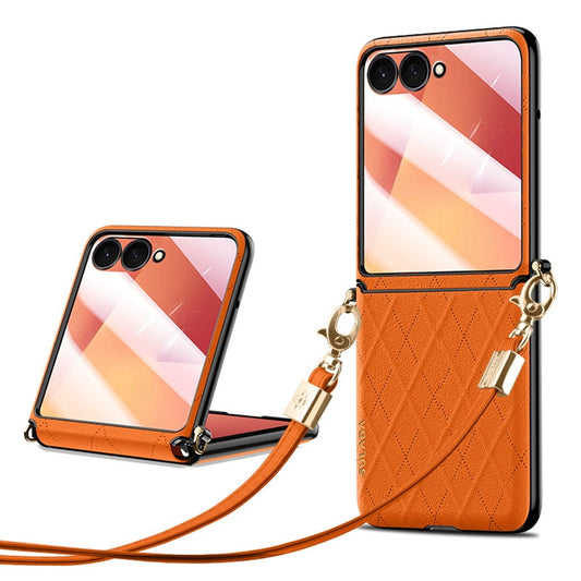 SULADA For Samsung Galaxy Z Flip7 5G Case Rhombus Leather+PC Phone Cover with Shoulder Strap - Orange