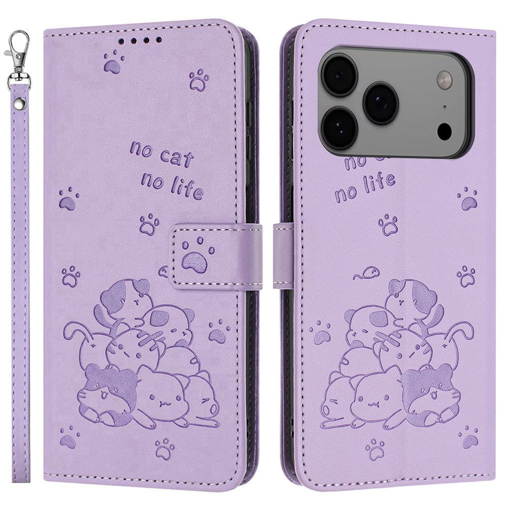 For iPhone 17 Pro Max Wallet Case Cats Imprint Leather Phone Cover with Strap - Purple