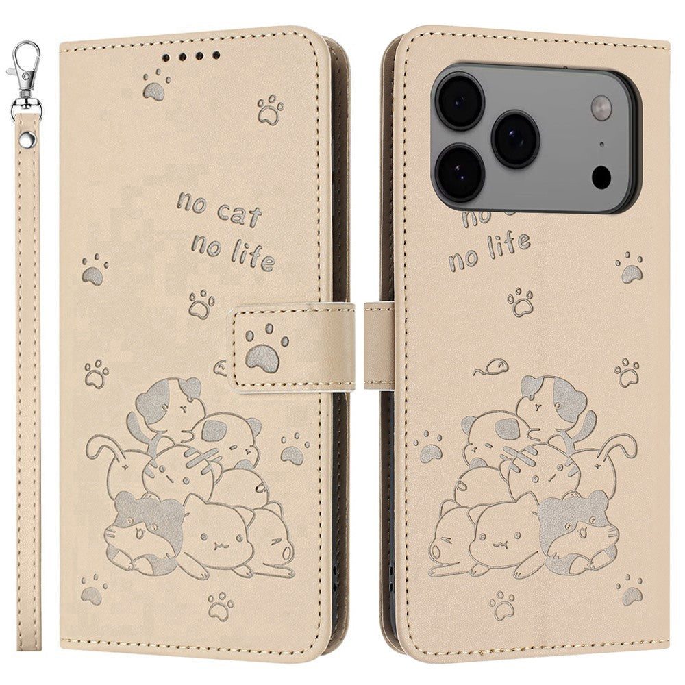 For iPhone 17 Pro Max Wallet Case Cats Imprint Leather Phone Cover with Strap - Beige